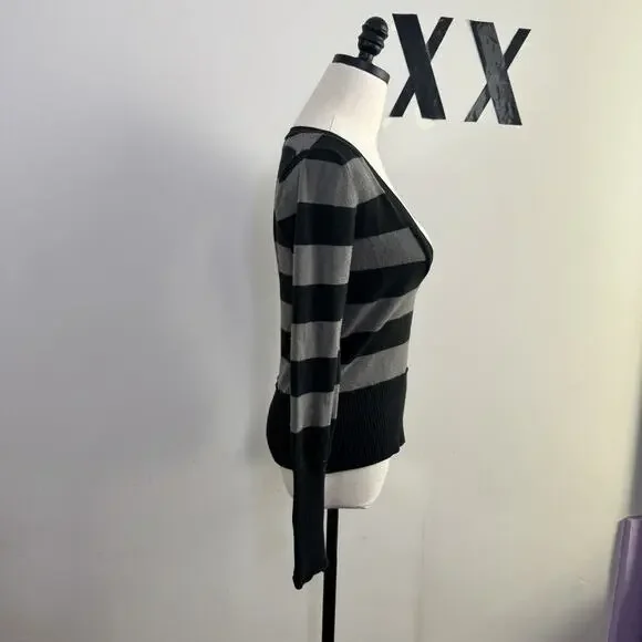 Vintage Y2K Striped Deep V Neck Sweater Ribbed Soft Girl Emo Scene Grunge M - Picture 6 of 7